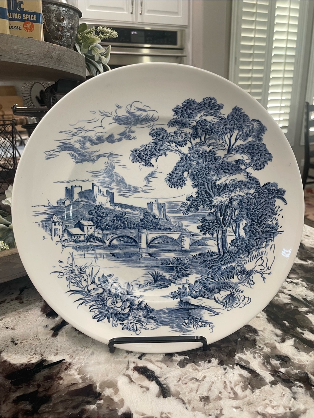 Wedgwood Enoch Blue and White “Countryside” Dinner Plate Vintage